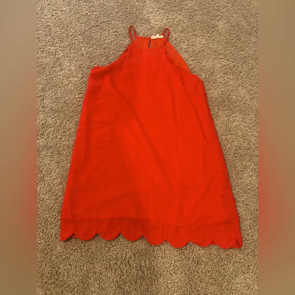 Bright Red Scallop-Hem Mini Dress with Halter Neck